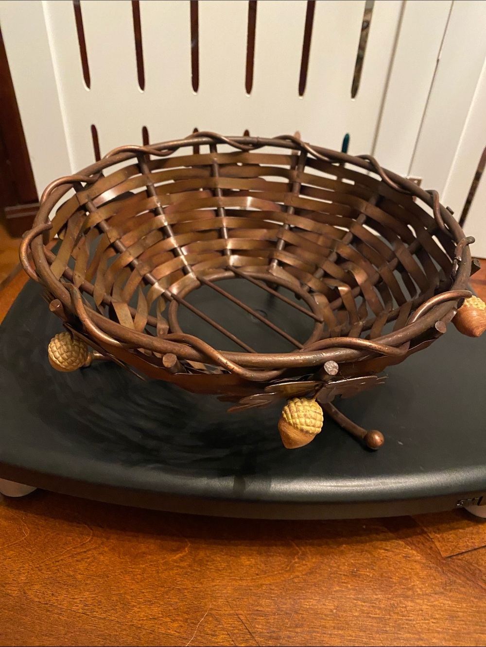Vintage Woven Copper Metal Decorative Fruit Bowl with Acorn Accents Brown